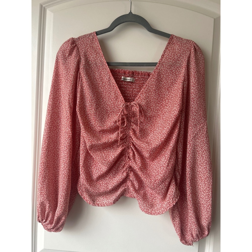 Abercrombie & Fitch Red Floral Cinched Tie Front Smocked Back Top Medium